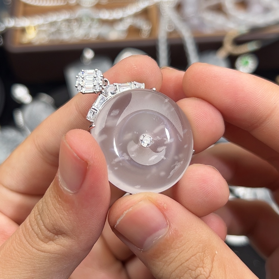 石英质玉银S925镀金镶嵌颈饰雪花平安扣