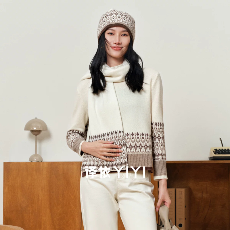 译依YIYIYIYI  羊毛羊绒费尔岛针织衫毛衣&帽子&围巾三件套BEWMY1