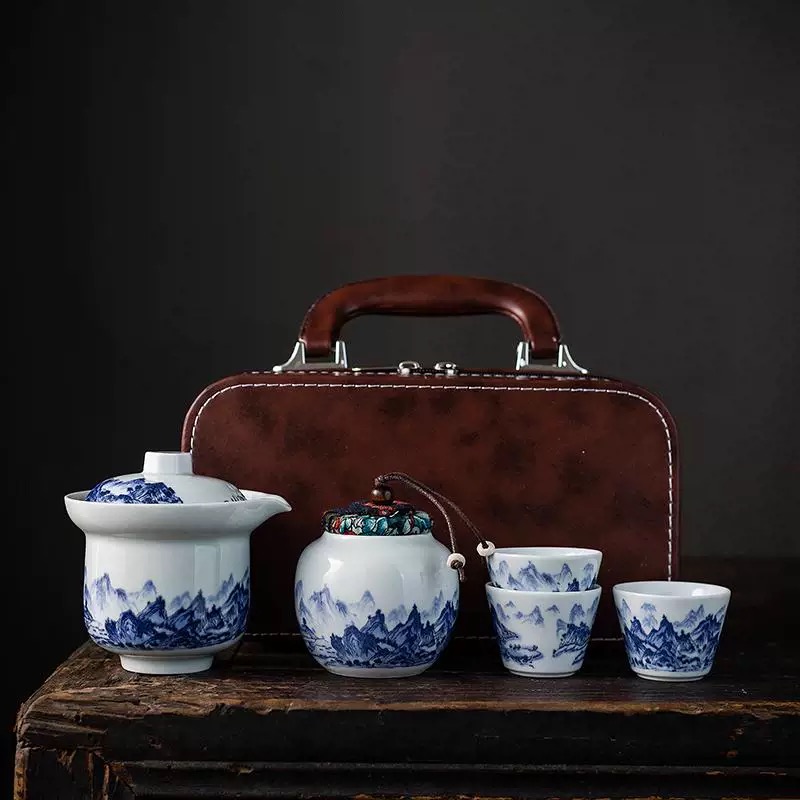 66 千里江山手抓壶三杯带茶叶罐车载家用户外陶瓷旅行茶具套装