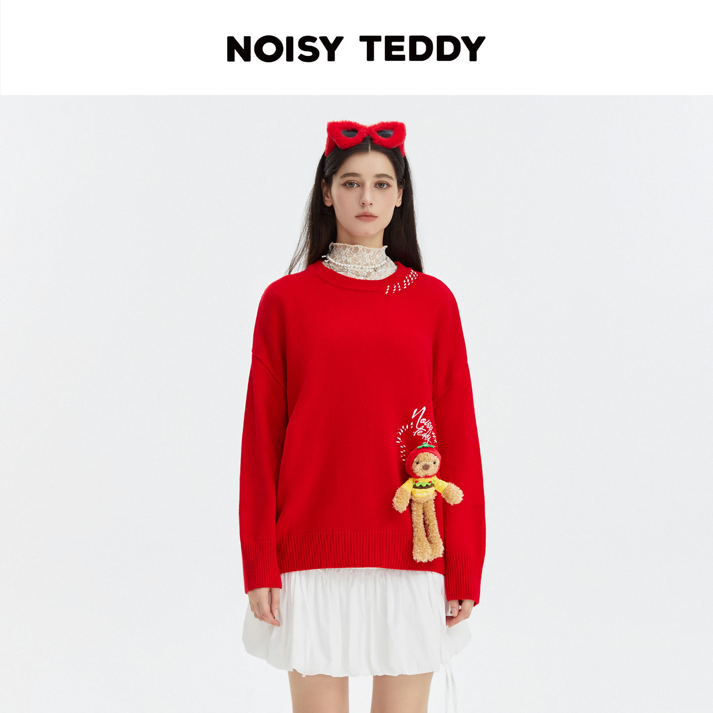 NOISY TEDDY汉堡美食熊玩偶套头毛衫圆领慵懒宽松撞色毛衣针织衫