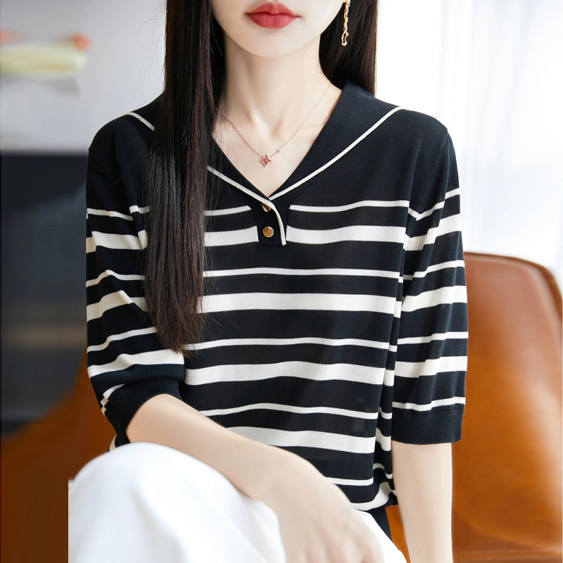 100%桑蚕丝海军领短袖t恤女夏季2025新款打底衫洋气特D