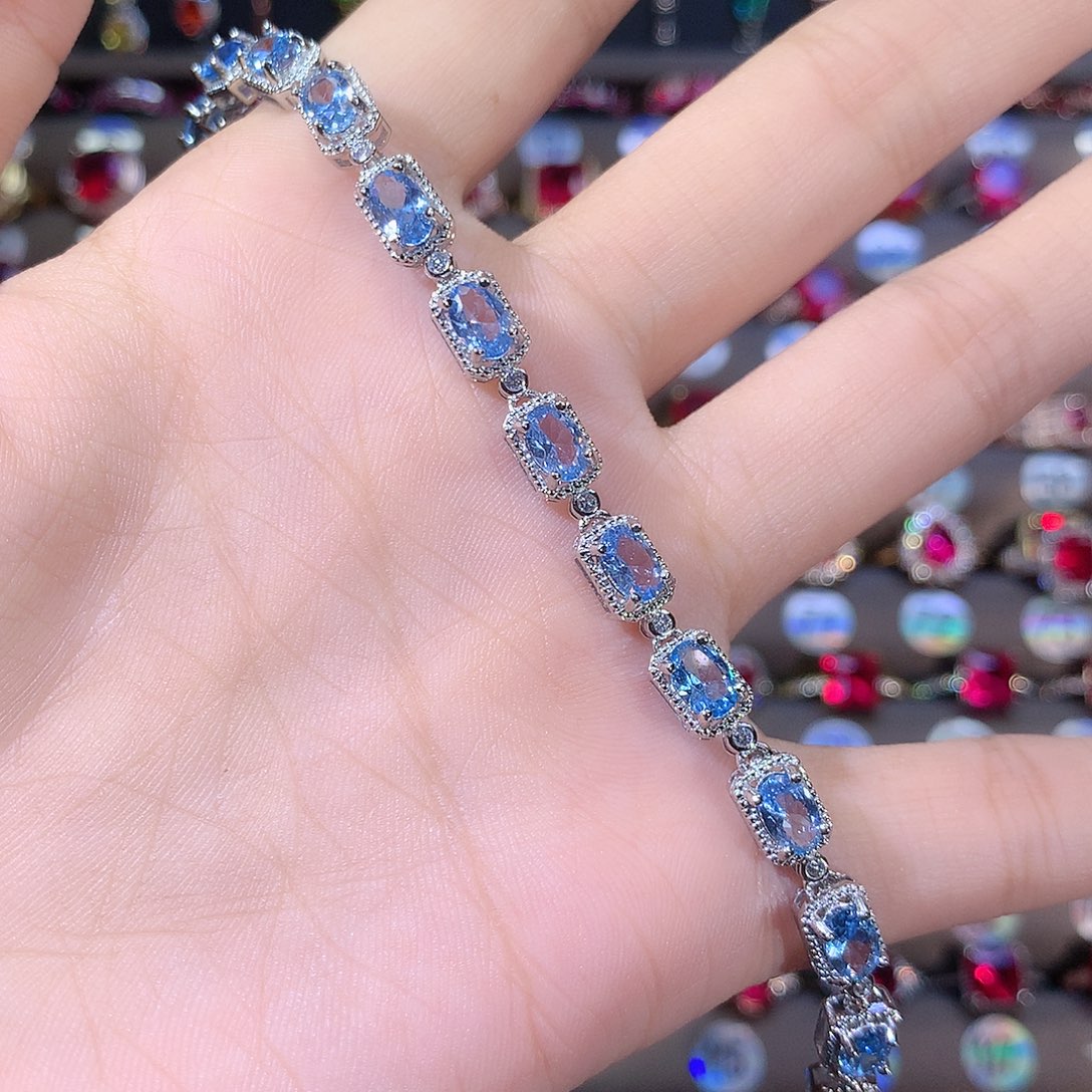 银S925镶嵌手链海蓝宝石白