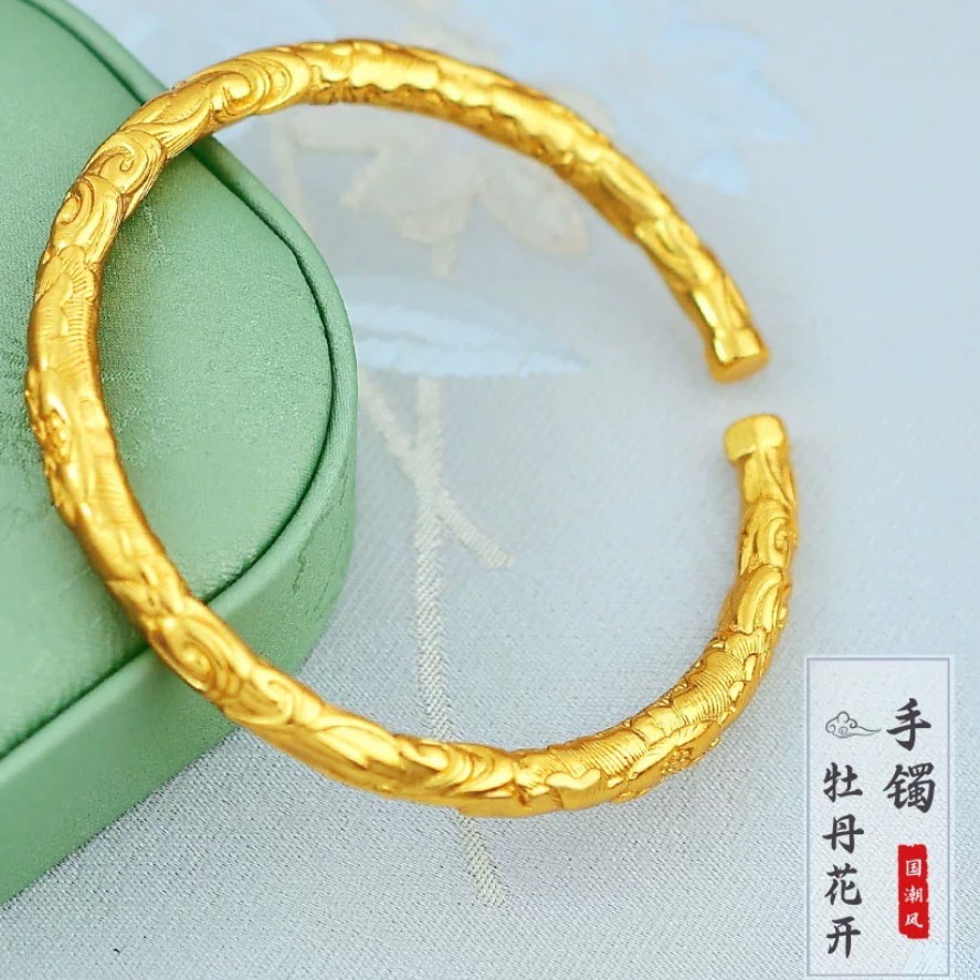 【矿金手作】国色天香牡丹花手镯 开口  精工细作