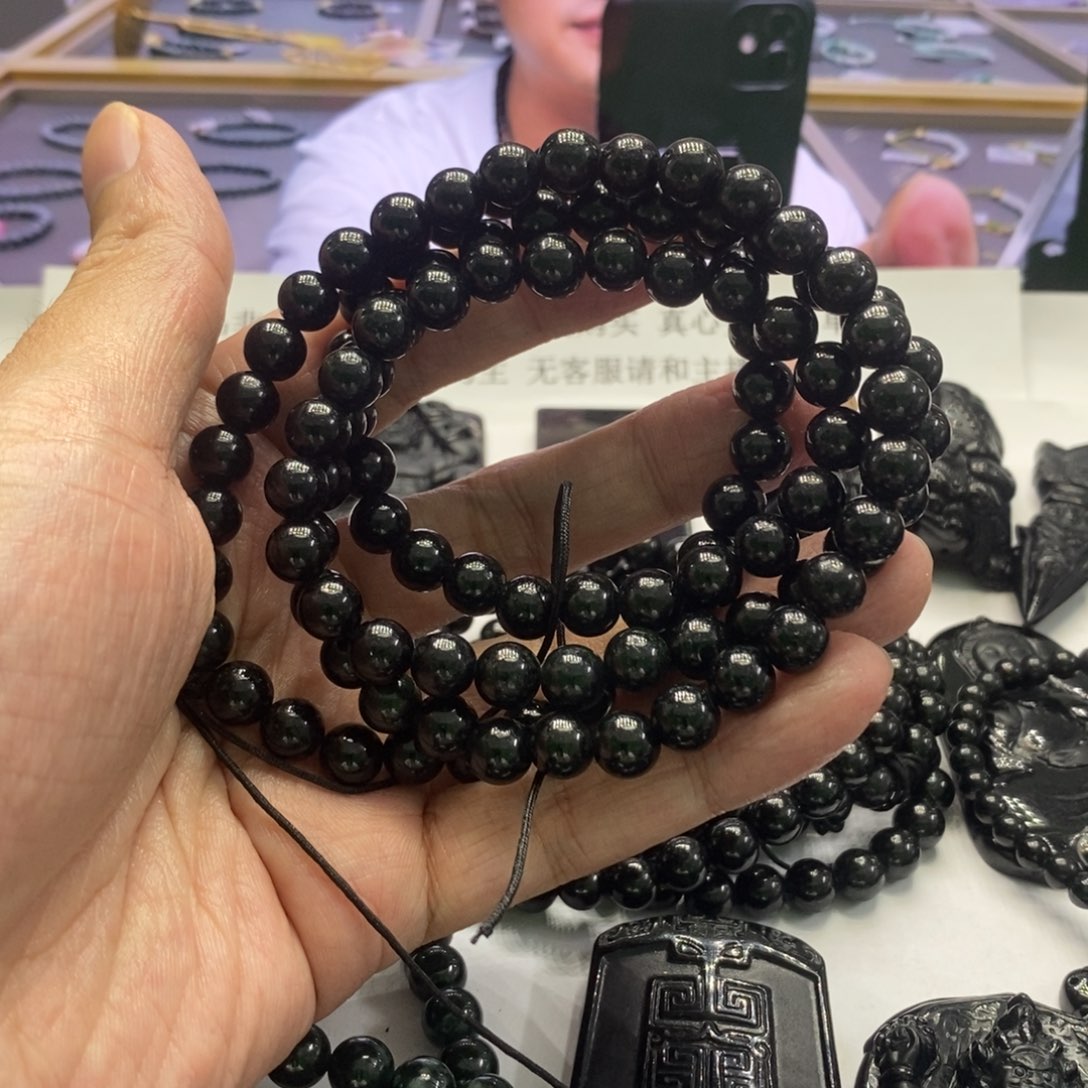 翡翠未镶嵌颈饰墨翠卡七左右项链