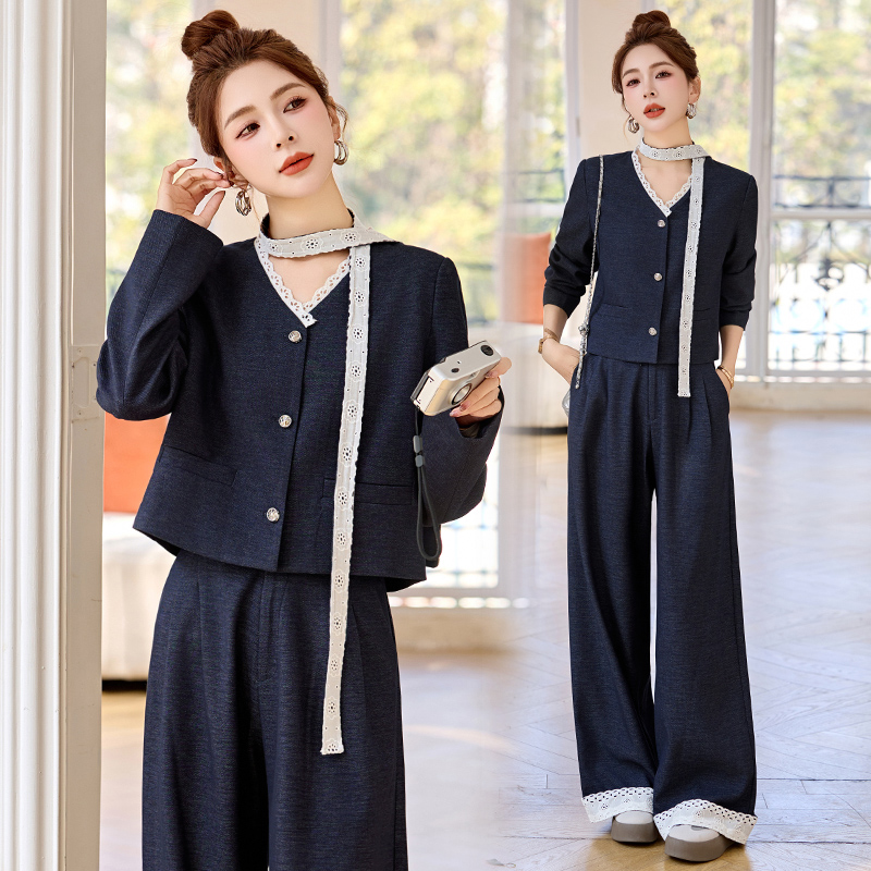 法式小香风蕾丝拼接套装女2025春季新款韩版时尚减龄阔腿裤两件套