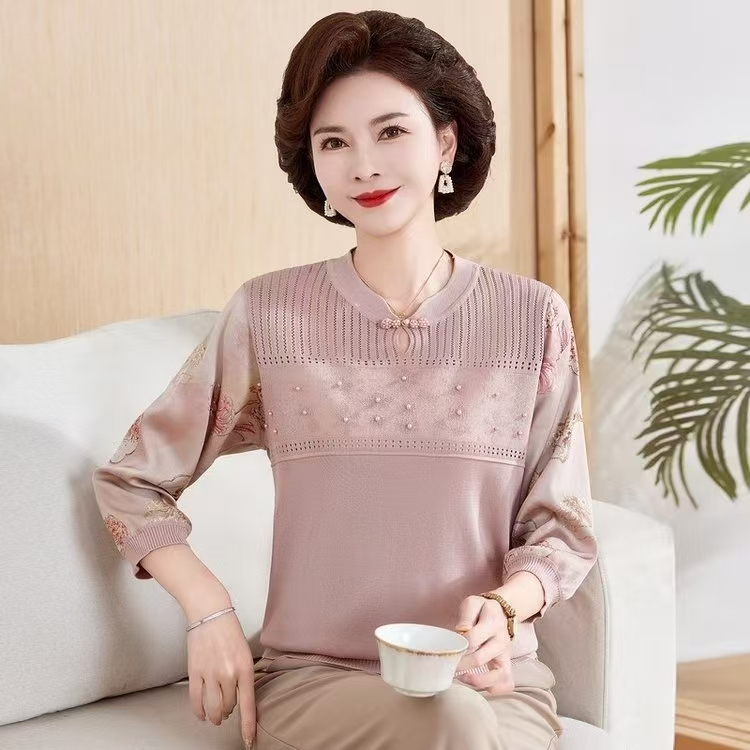 妈妈装早秋新款冰针织七分袖拼接洋气小衫中老年女国风钉珠薄上衣