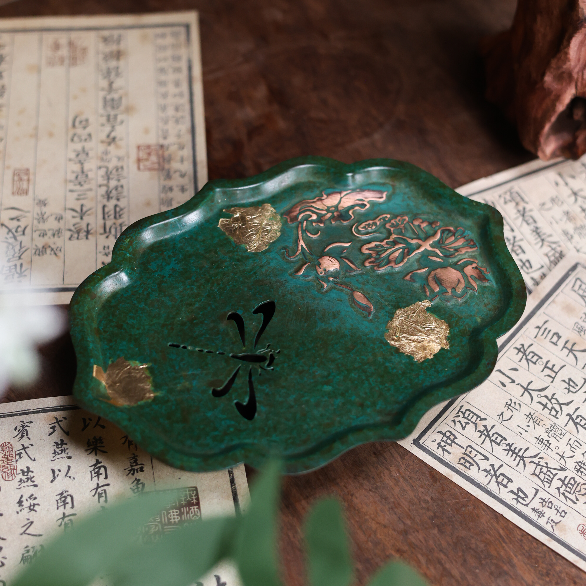 【福器】绿色蜻蜓点金壶承（N00263）