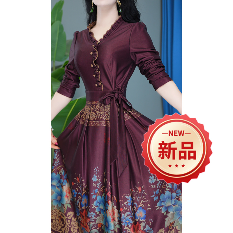 气质长袖时尚修身显瘦洋气收腰名媛中长款连衣裙