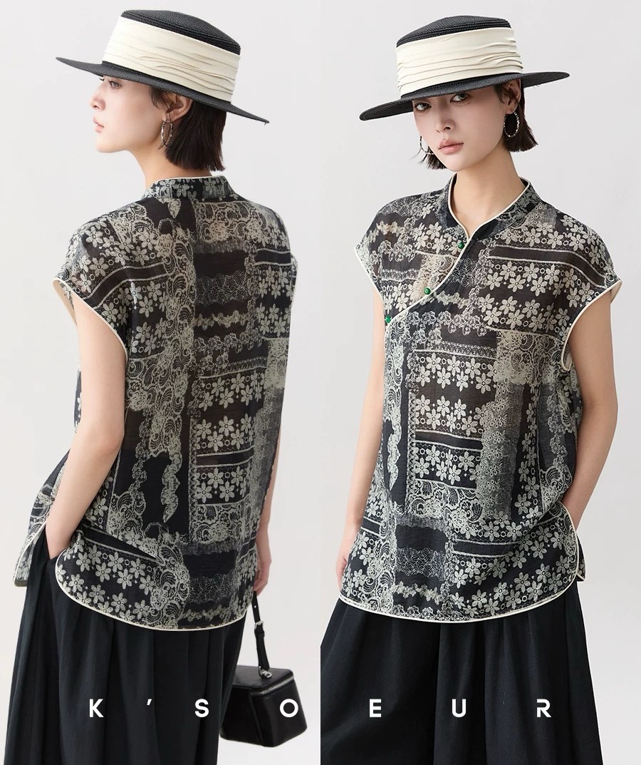 6011KKSOUR莱赛混纺改良式旗袍宽松新中式国风小衫