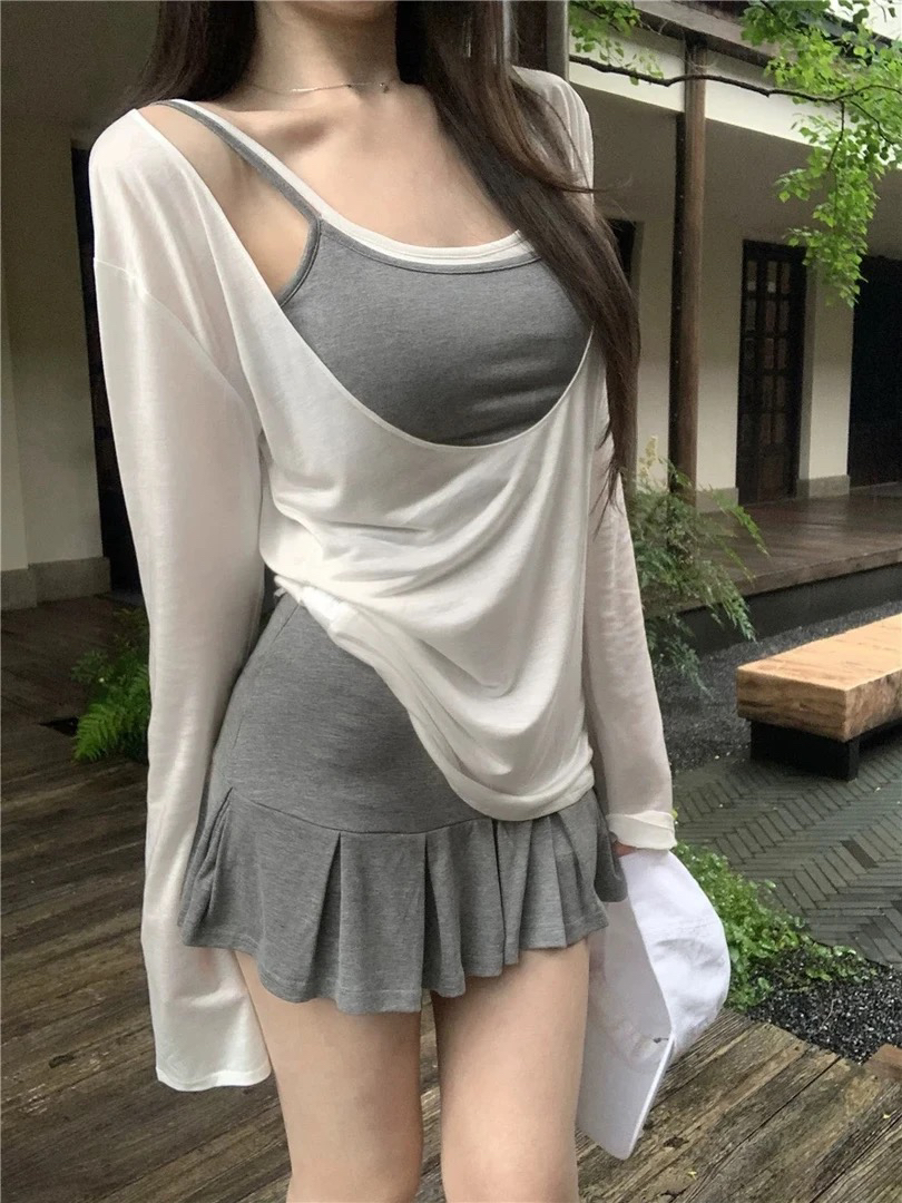 夏季新款甜美纯欲性感辣妹抹胸吊带罩衫短裙组合
