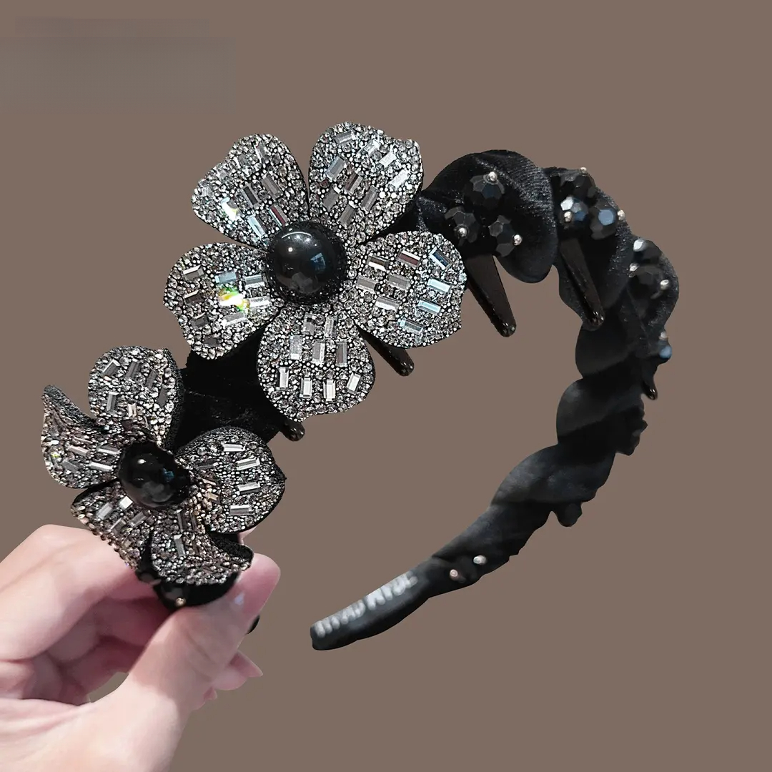 韩版新款秋冬丝绒满钻花朵带齿发箍女高颅顶头箍气质商品图