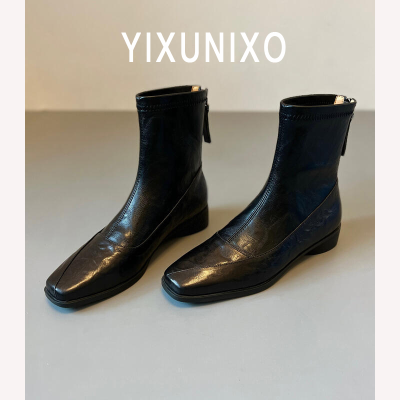 软羊皮小短靴女2025年秋冬新款真皮马丁靴方头软底舒适平底瘦瘦靴