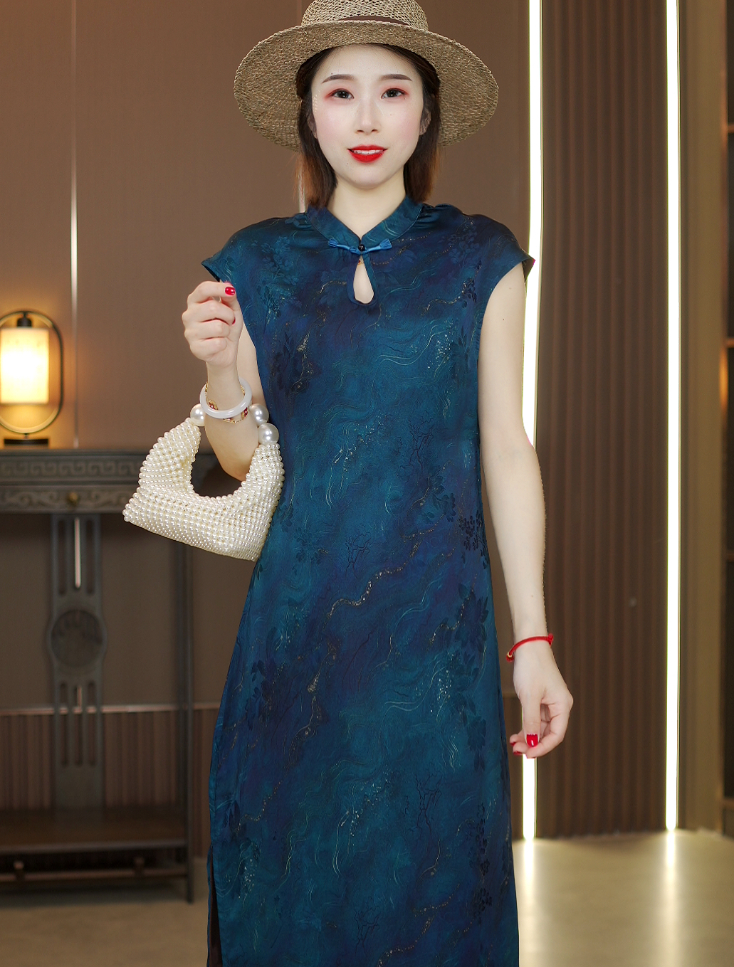 【蓝水晶】新款花罗香云纱 时尚复古新中式中长款改良旗袍