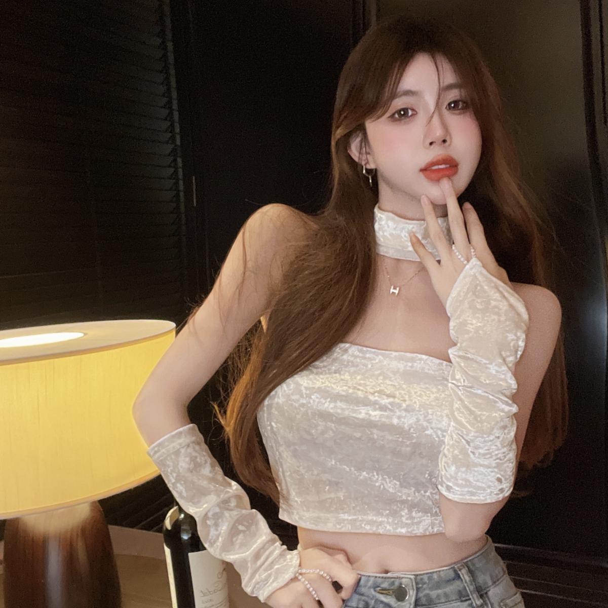 性感辣妹短款抹胸吊带背心女恤袖套2025春秋显瘦潮露锁骨上衣女
