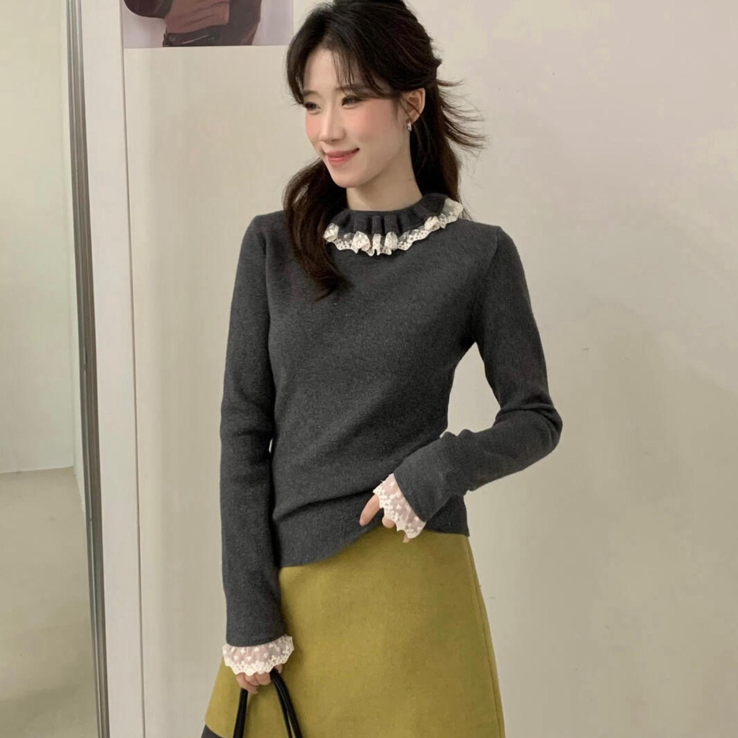 领口木耳蕾丝花边领针织衫女秋冬复古内外百搭叠穿打底上衣-231