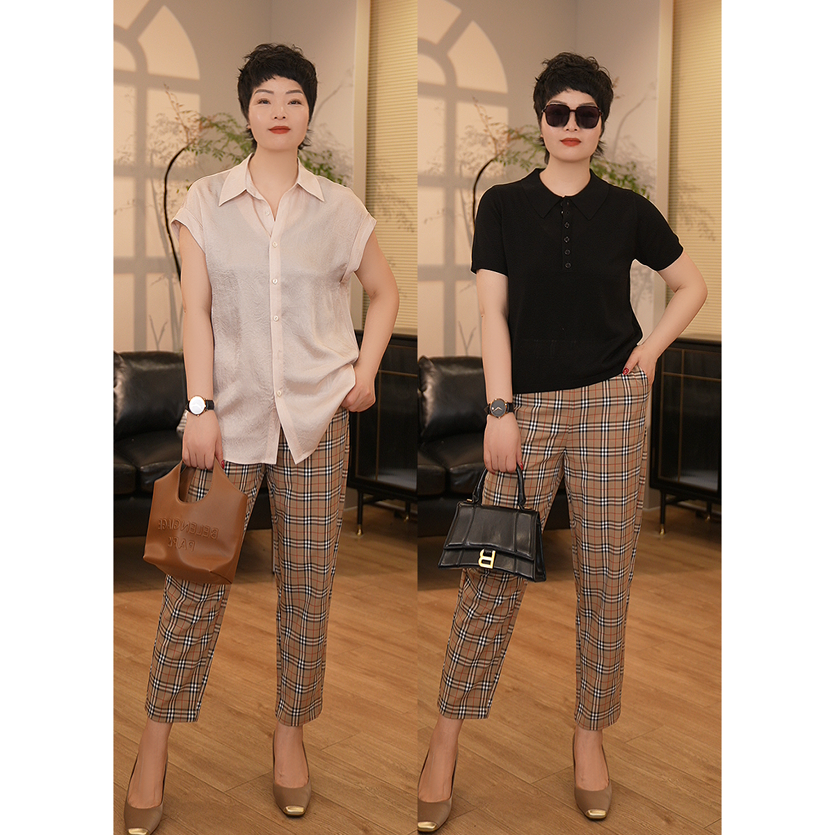 【珍姐】复古格子裤 夏季松紧高腰显瘦百搭九分休闲萝卜裤DC5682