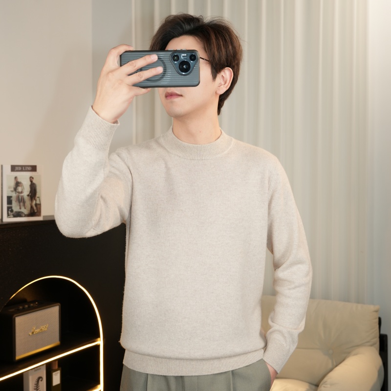  JUEPIN【羊毛羊绒•系列】8%山羊绒+92%绵羊毛厚款纯色圆领羊毛衫男