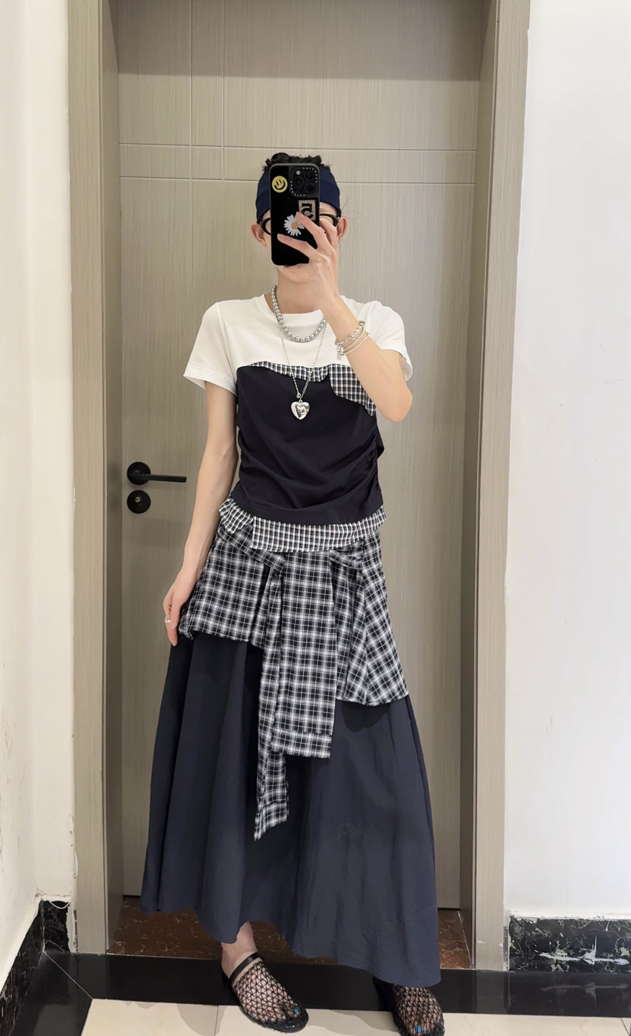 【SSOUHAN】拼接格纹绑带欧货设计款T恤圆领百搭