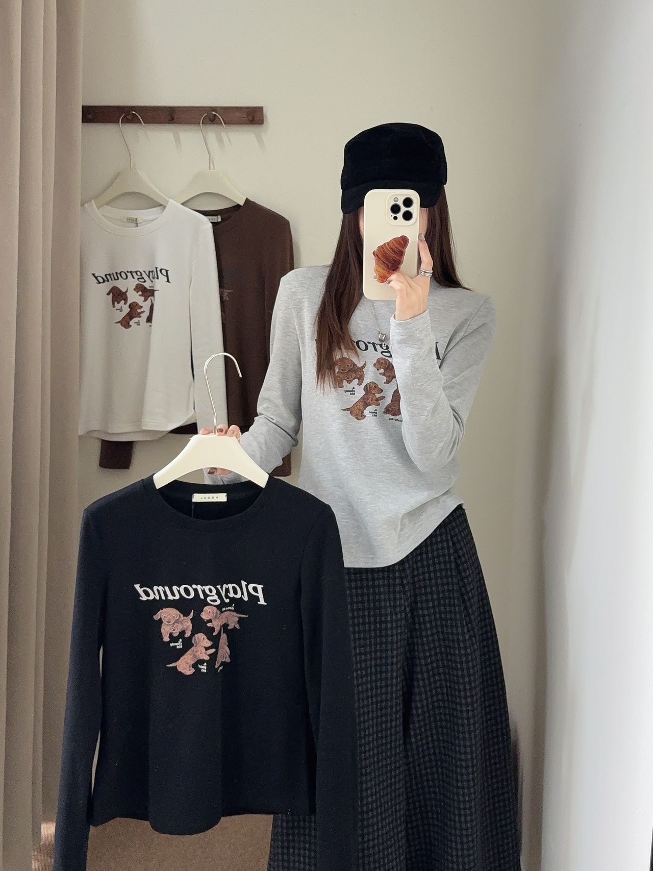 阿悄家 冬季新款 HN可爱复古小狗印花磨毛T恤#D9021