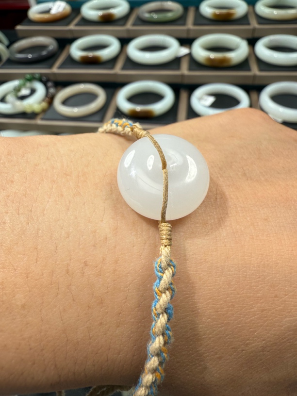 天然和田玉老料平安扣可调节绳编工艺品