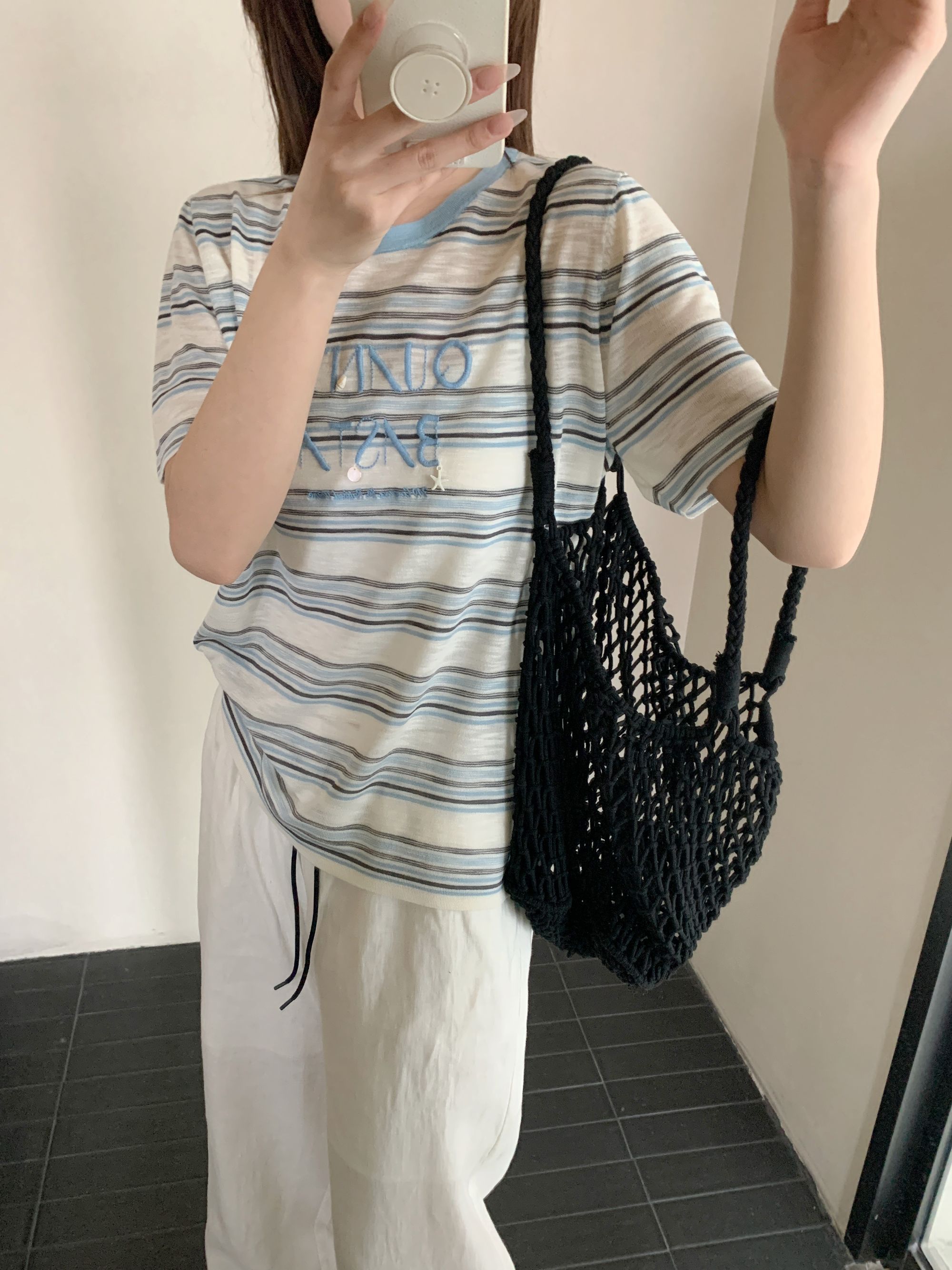 【素简.680177】夏季新款竹节麻字母夹条女装上新针织衫（5.11福利）