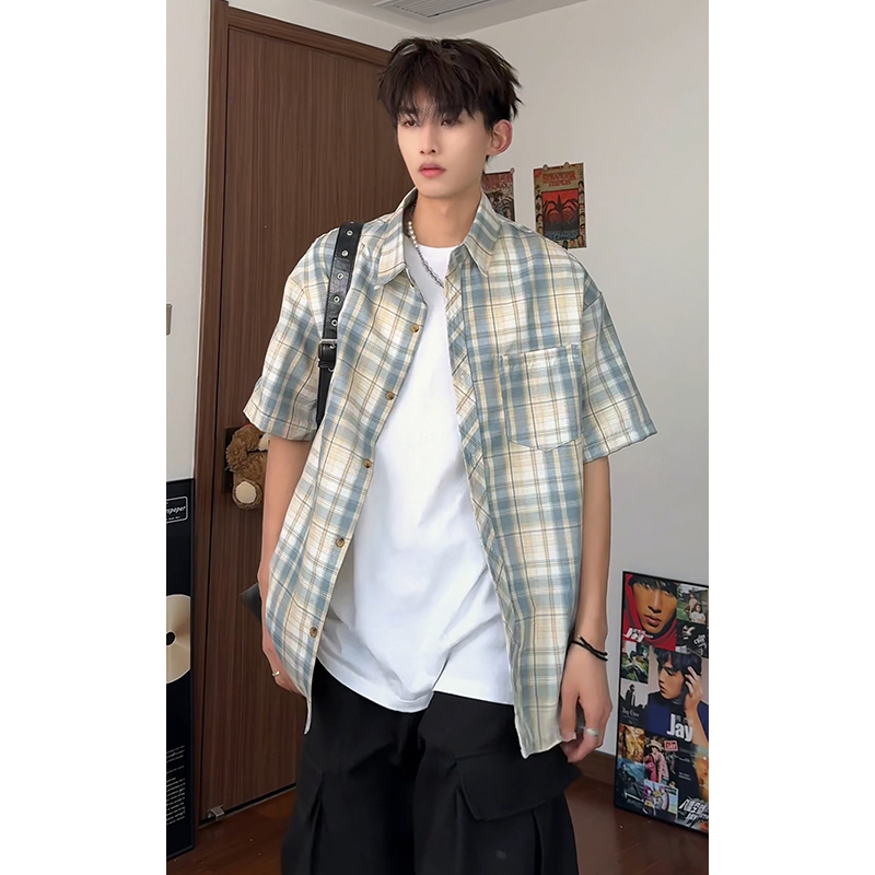美式复古格子短袖衬衫男士夏季新款高级感宽松休闲百搭帅气上衣