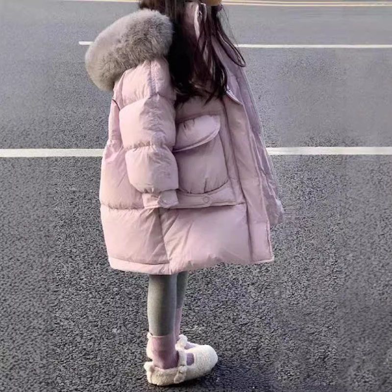 静鑫-哈乐图 女童洋气大毛领棉袄加厚连帽棉服中长款棉衣2025保暖