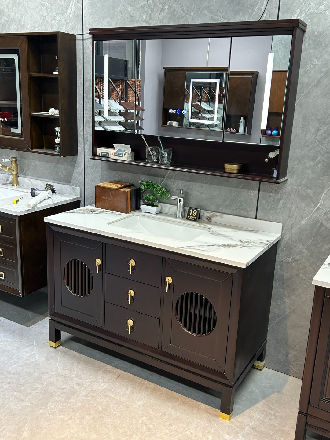 新中式橡木一体陶瓷盆浴室柜组合奢石洗脸洗手盆实木洗漱台卫生间