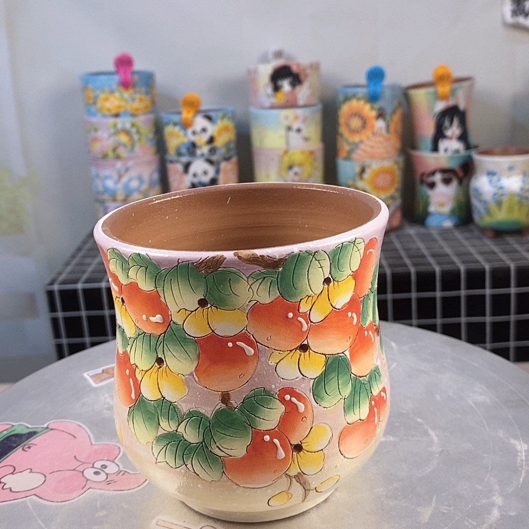 紫砂花盆红陶手绘花盆