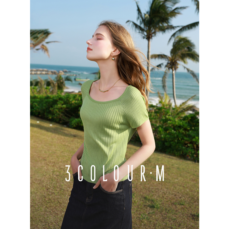 【芋总专属】三彩2025春季新款冰丝针织衫短袖方领度假短款修dbx