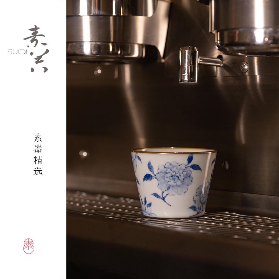 气柴窑 月影白 釉中彩 牡丹花 小可乐杯