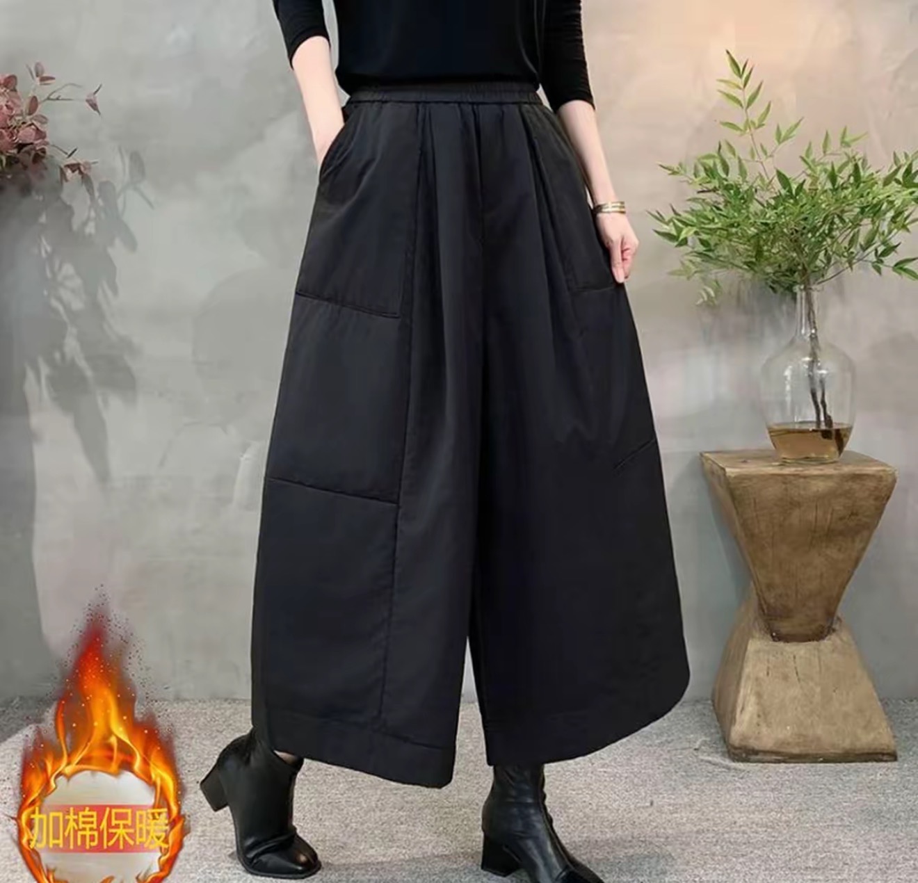 阔腿裤时尚拼接松紧腰冬季休闲裤休闲短裤百搭复古棉裤