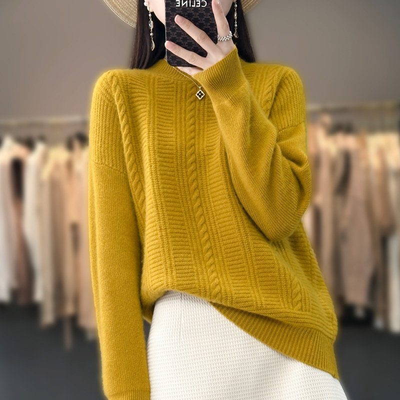 工厂清仓~100%纯羊毛衫女半高领宽松慵懒加厚毛衣秋冬针织打底衫