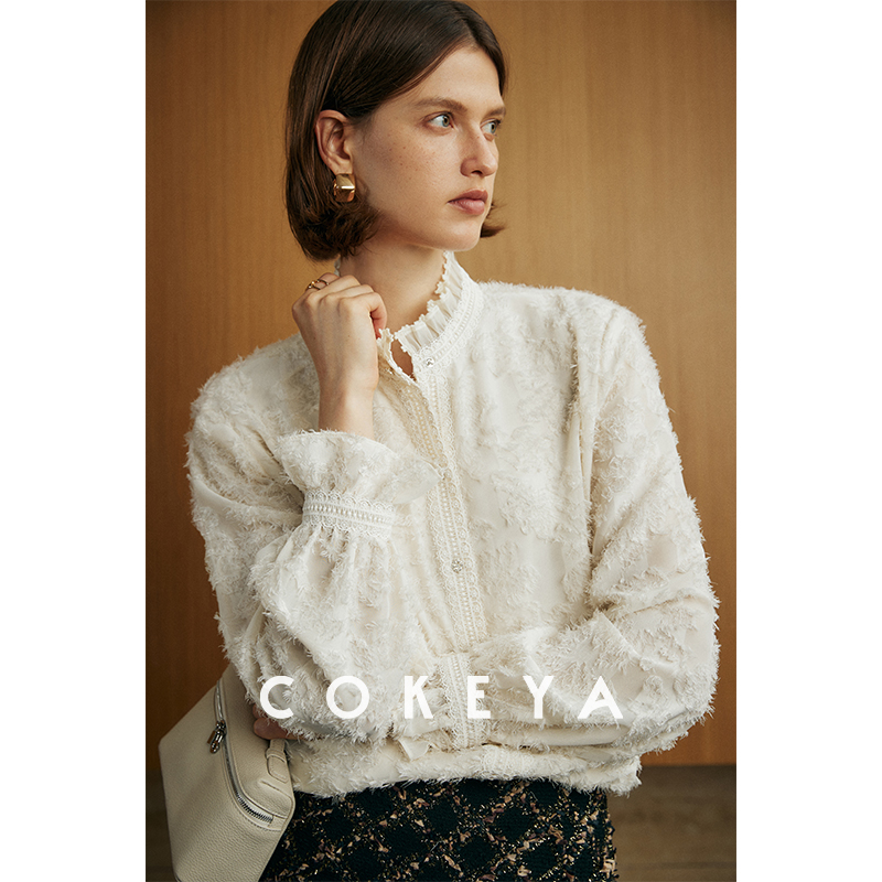 COKEYA/仙气美学~烧花工艺法式设计感长袖立领衬衫女秋灯笼袖衬衣