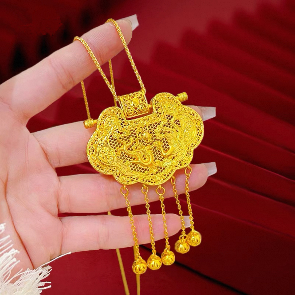 合金项链 2959合金天子门生龙凤呈祥锁包流苏项链（链长50）