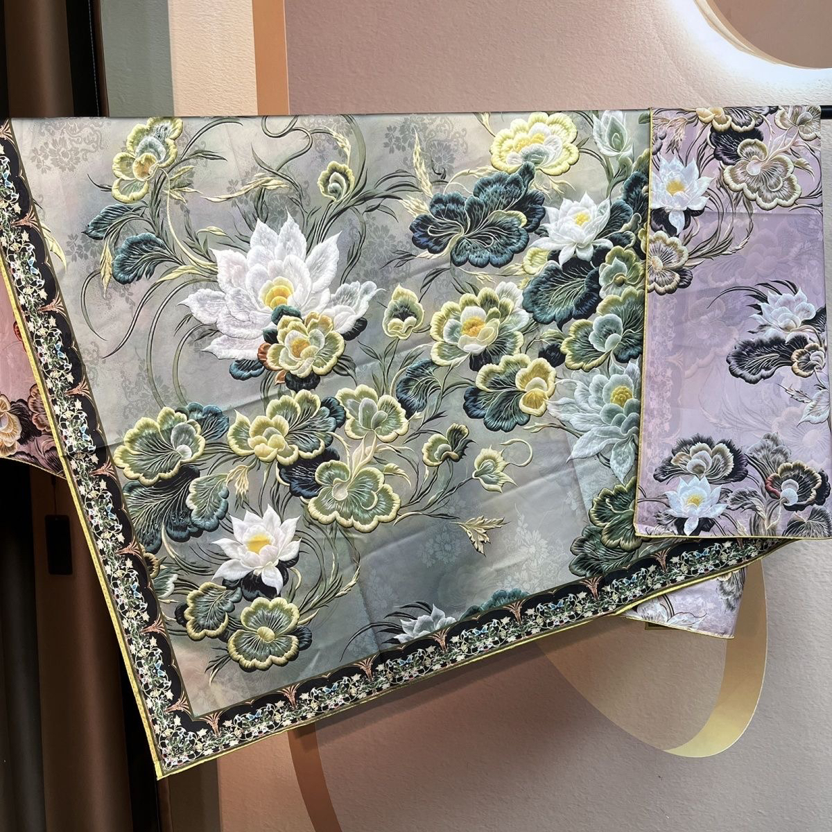 【绿茶牡丹】140*140香云老料高货重磅国风织锦提花丝巾围巾