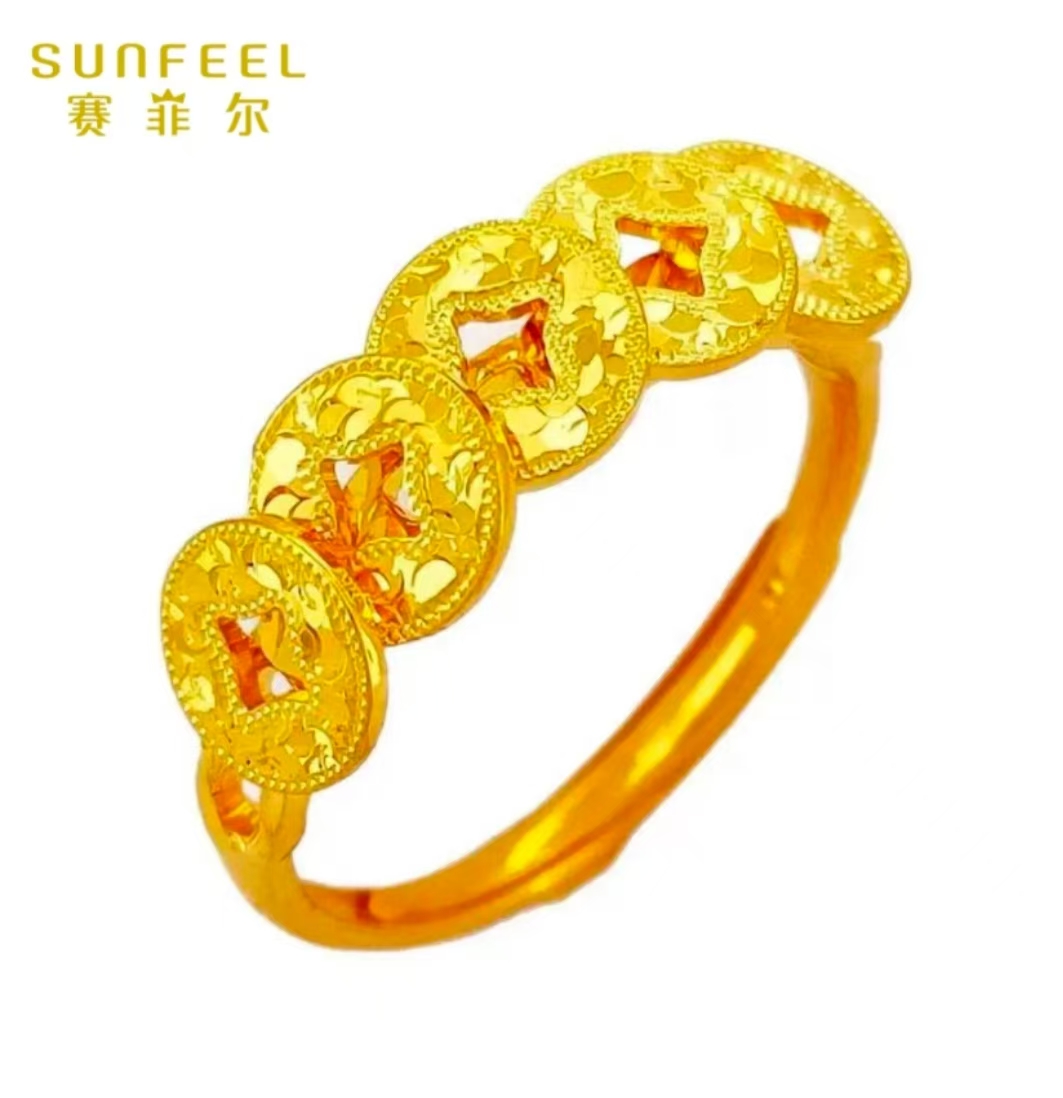 赛菲尔万足®足金碎碎冰五帝钱币黄金戒指活圈时尚爆闪女孩送礼物