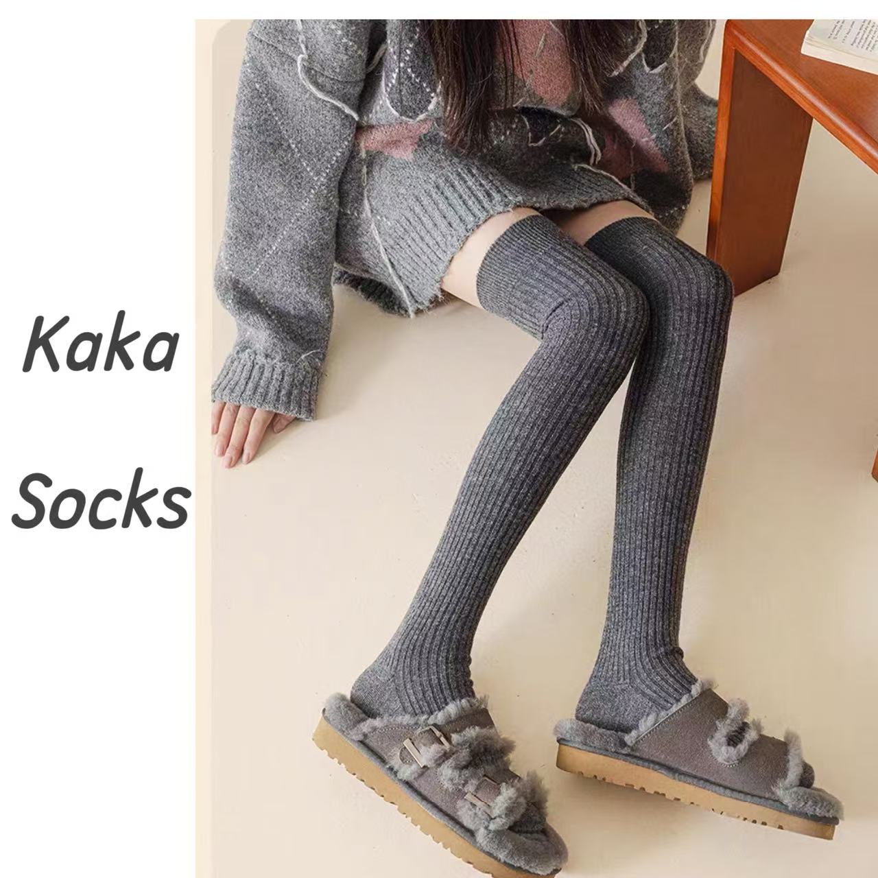 日系JK秋冬竖纹格雷系慵懒大腿双针清冷御姐显瘦高级感穿搭过膝袜