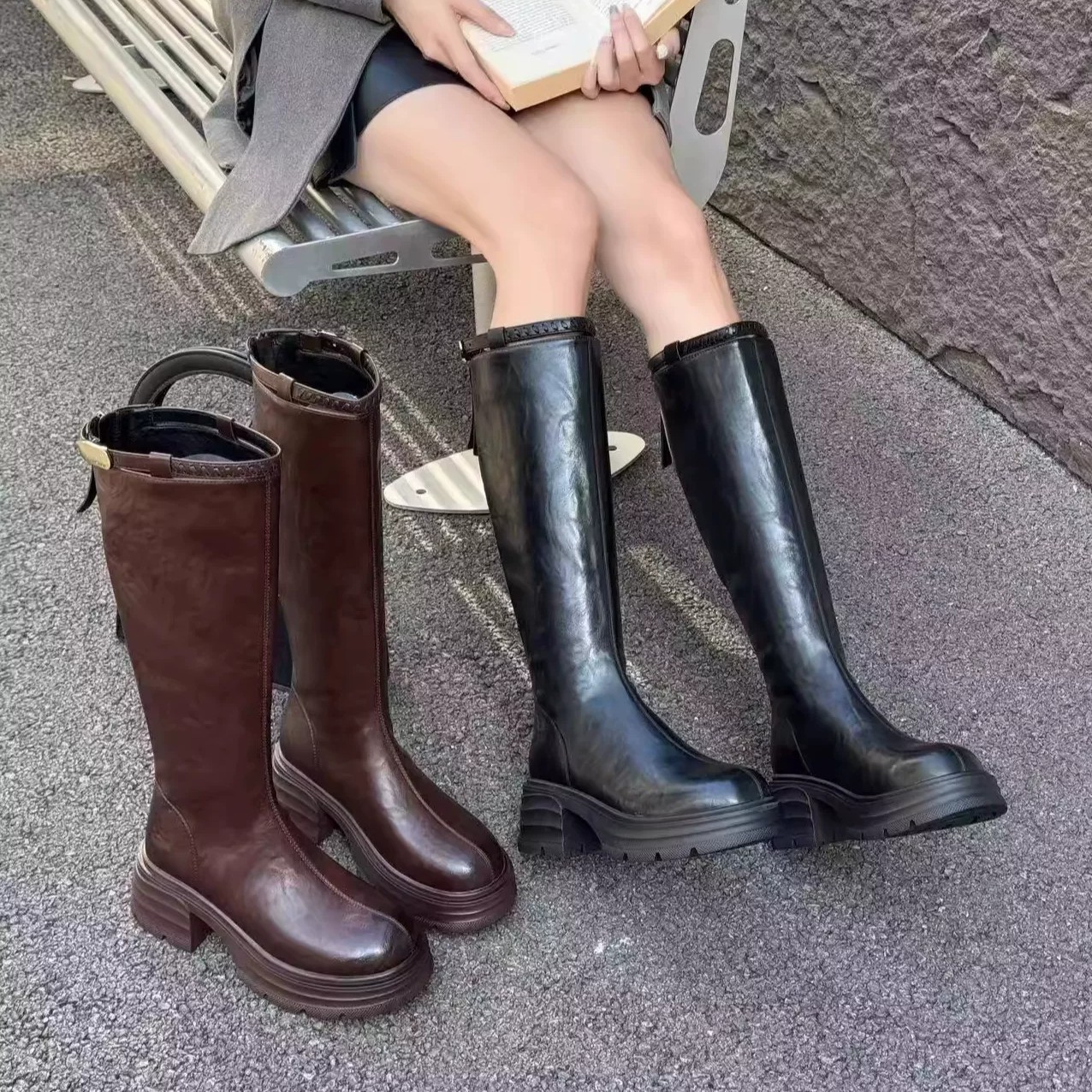 2025秋冬新款女靴真皮欧货长筒靴时尚潮流烟筒靴显瘦粗跟瘦瘦靴