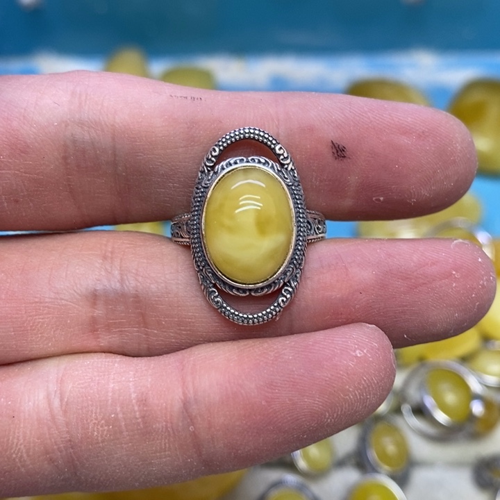 蜜蜡裸石银S925镶嵌戒指