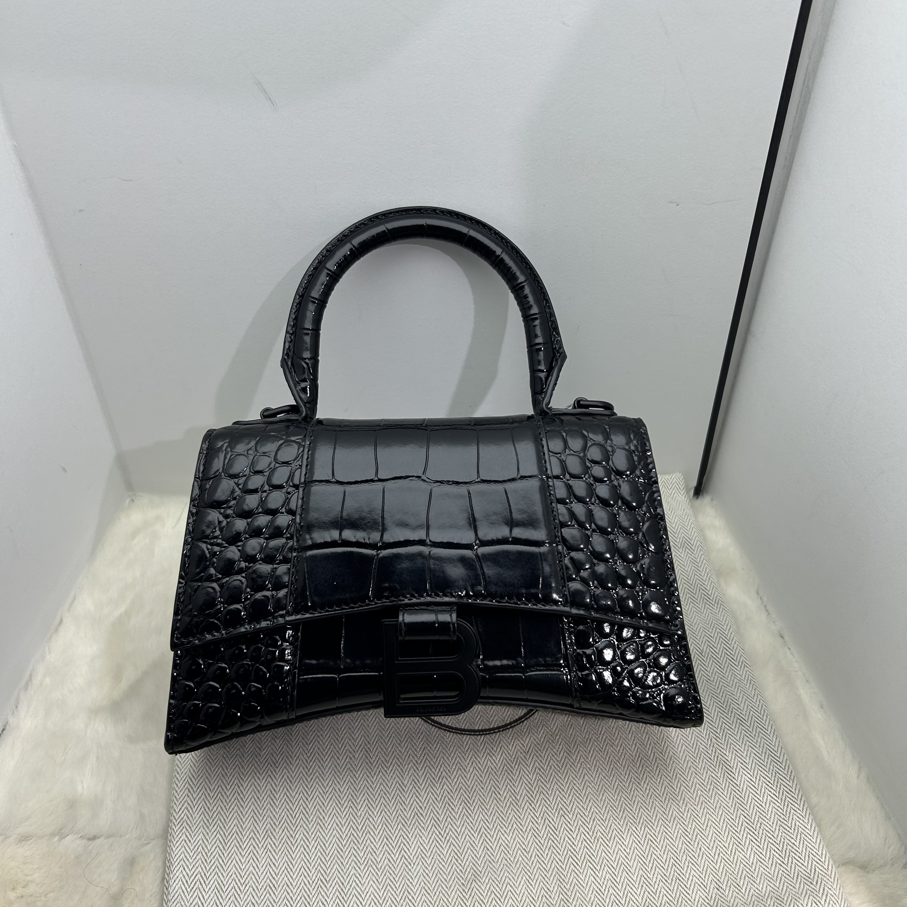 95新 Balenciaga/巴黎世家 黑色鳄鱼压纹沙漏包xs号经典单肩