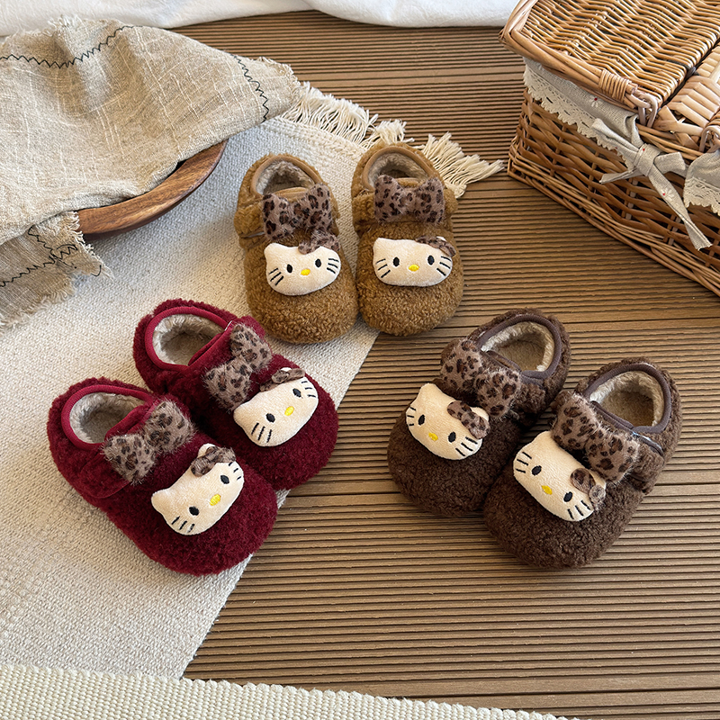 女童毛毛鞋加绒勃肯鞋冬季保暖棉鞋女宝KT猫公主鞋小女孩外穿冬鞋