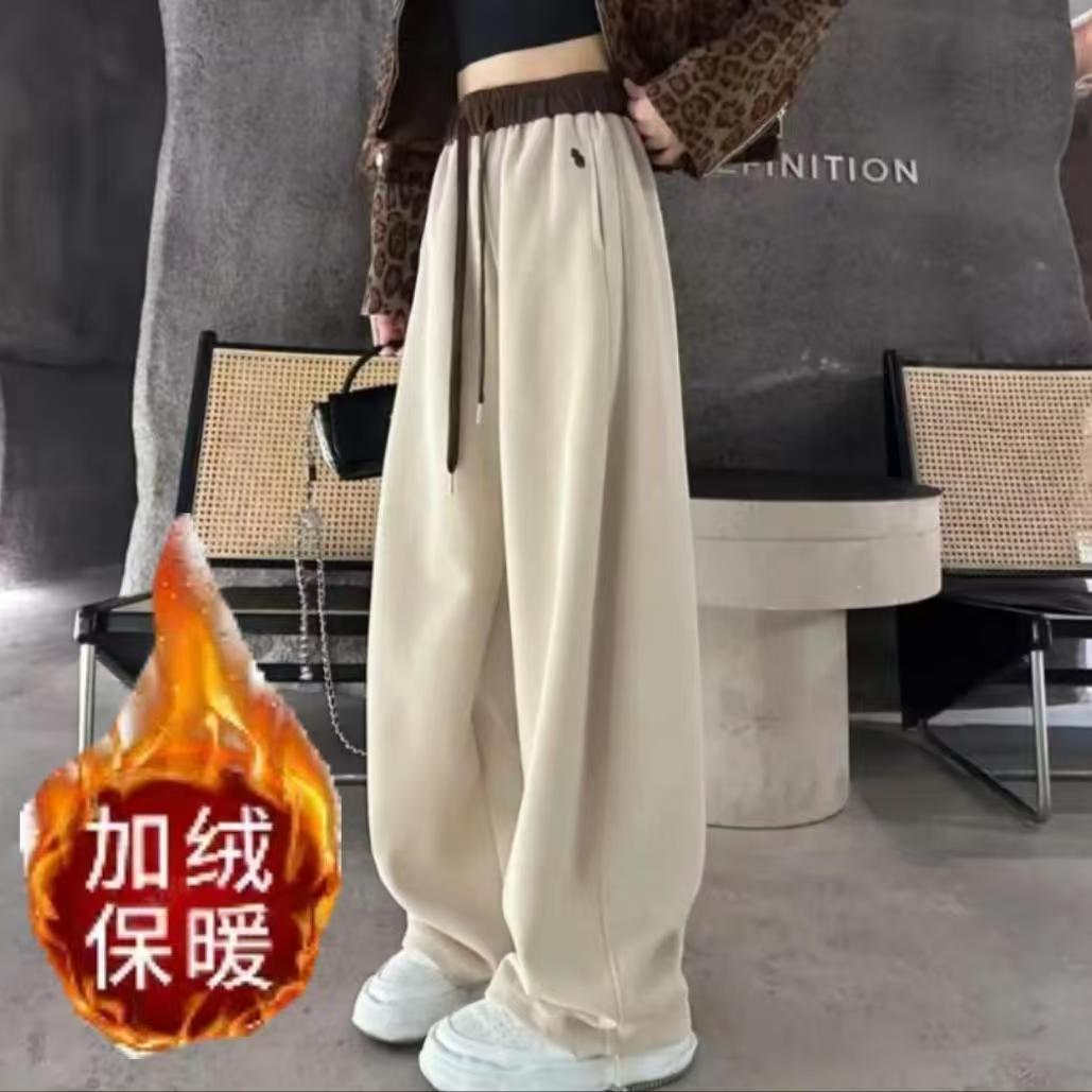 2561加绒加厚爆款弯刀裤休闲卫裤刺绣保暖拼色高腰阔腿裤显瘦裤子