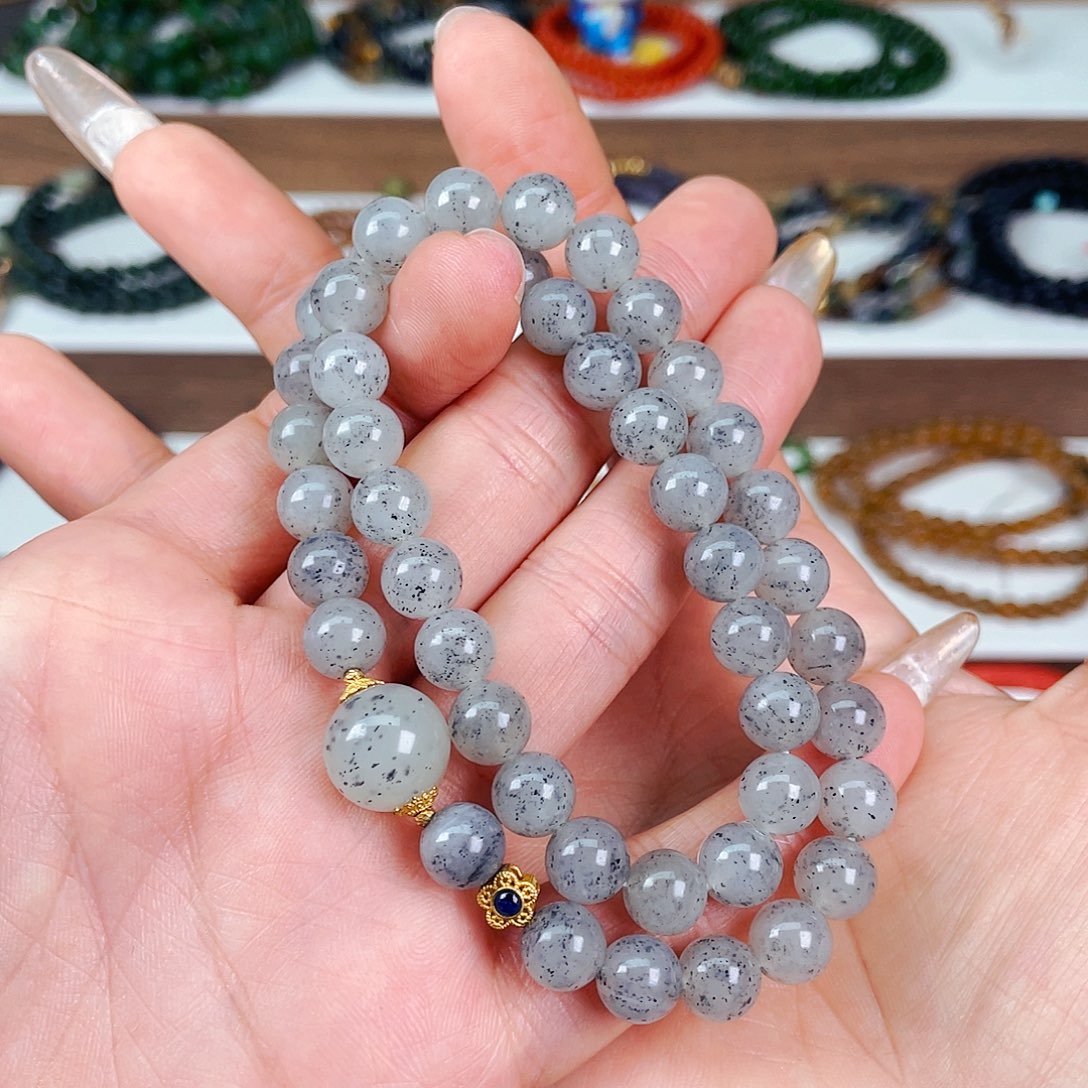 和田玉8mm点墨青花设计款双圈未镶嵌