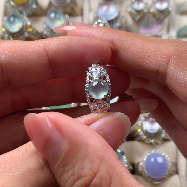 翡翠银S925镶嵌戒指缅甸天然翡翠Ａ货