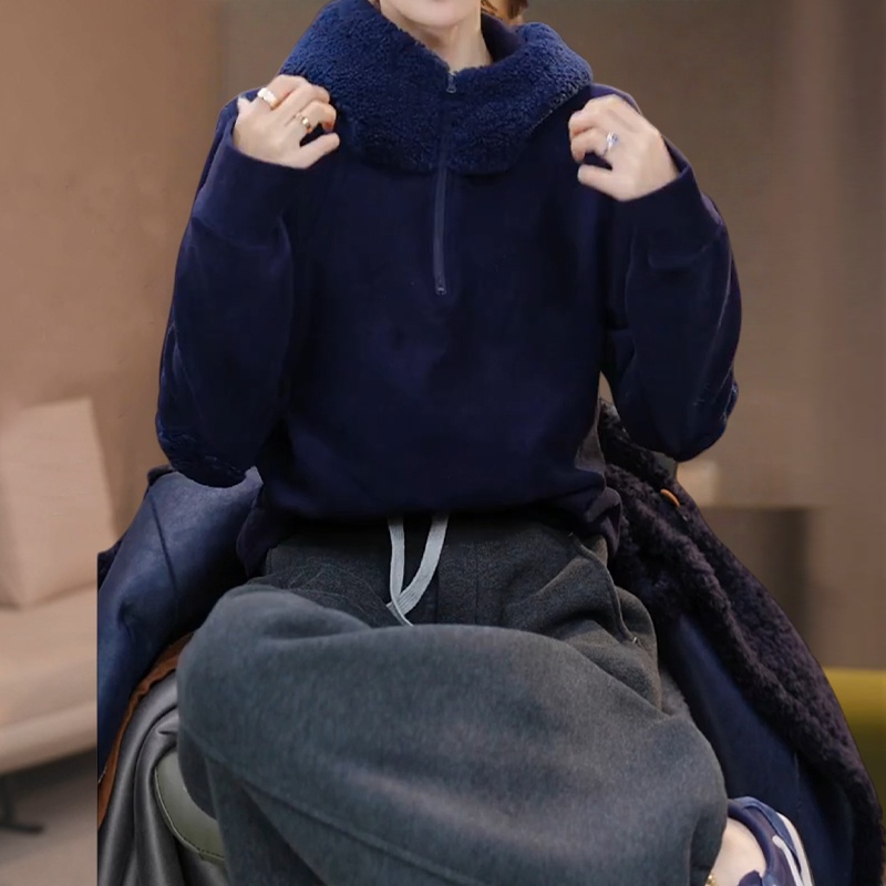 韩系慵懒风纯色连帽卫衣女秋冬通勤减龄保暖舒适拼接半拉链上衣