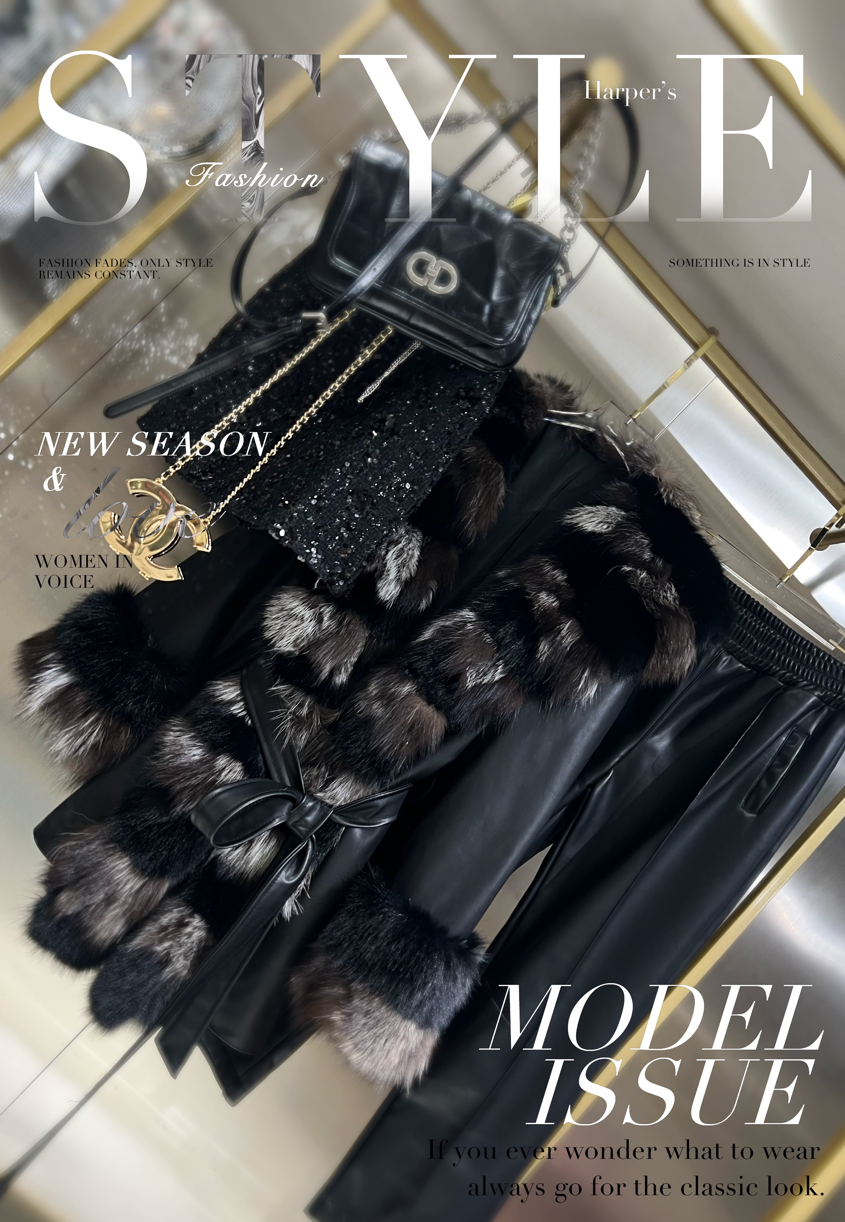 时尚黑色大毛领超软草草外套