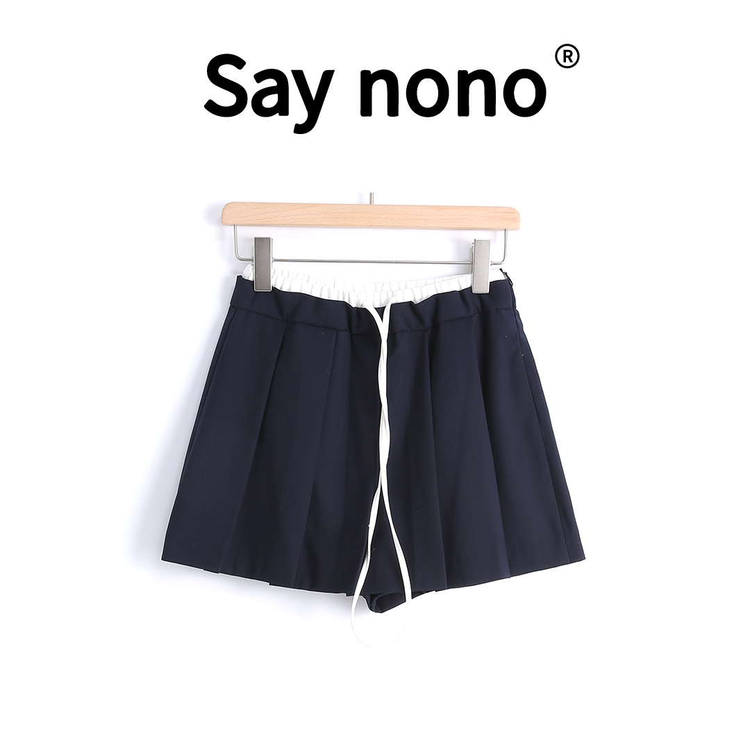 懒猫nono│Saynono 减龄！＿韩风拼接抽绳时尚百褶裙短裤 /83Q103
