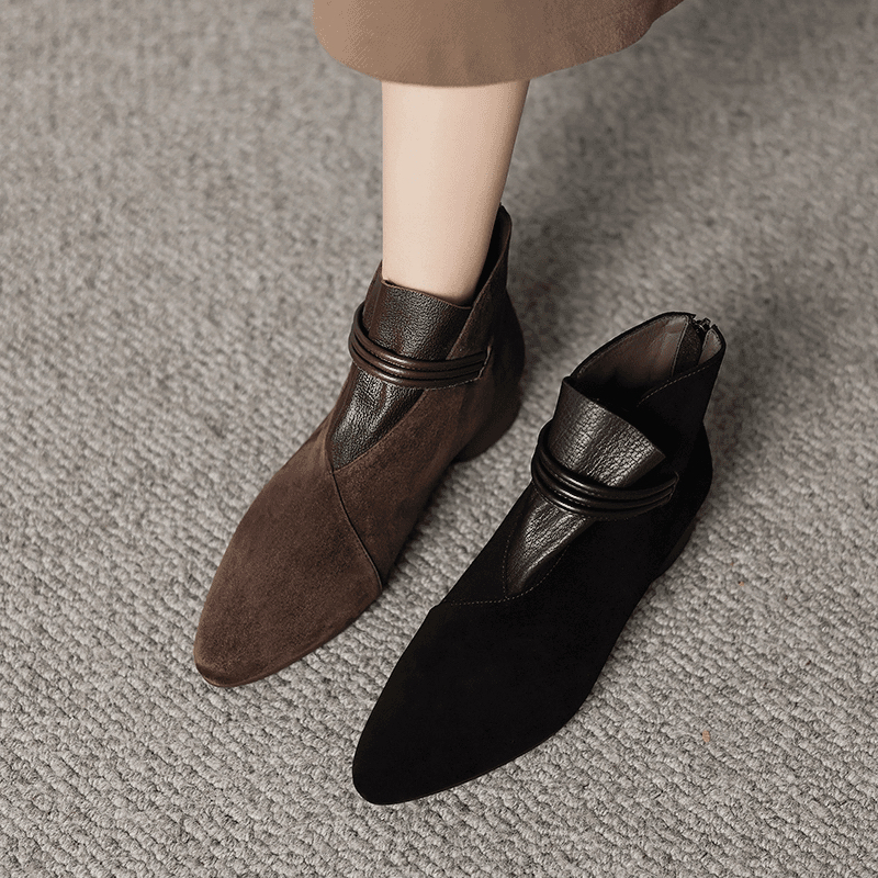 2025年秋冬新款法式复古踝靴拼接尖头粗跟短靴子女磨砂软皮瘦瘦靴