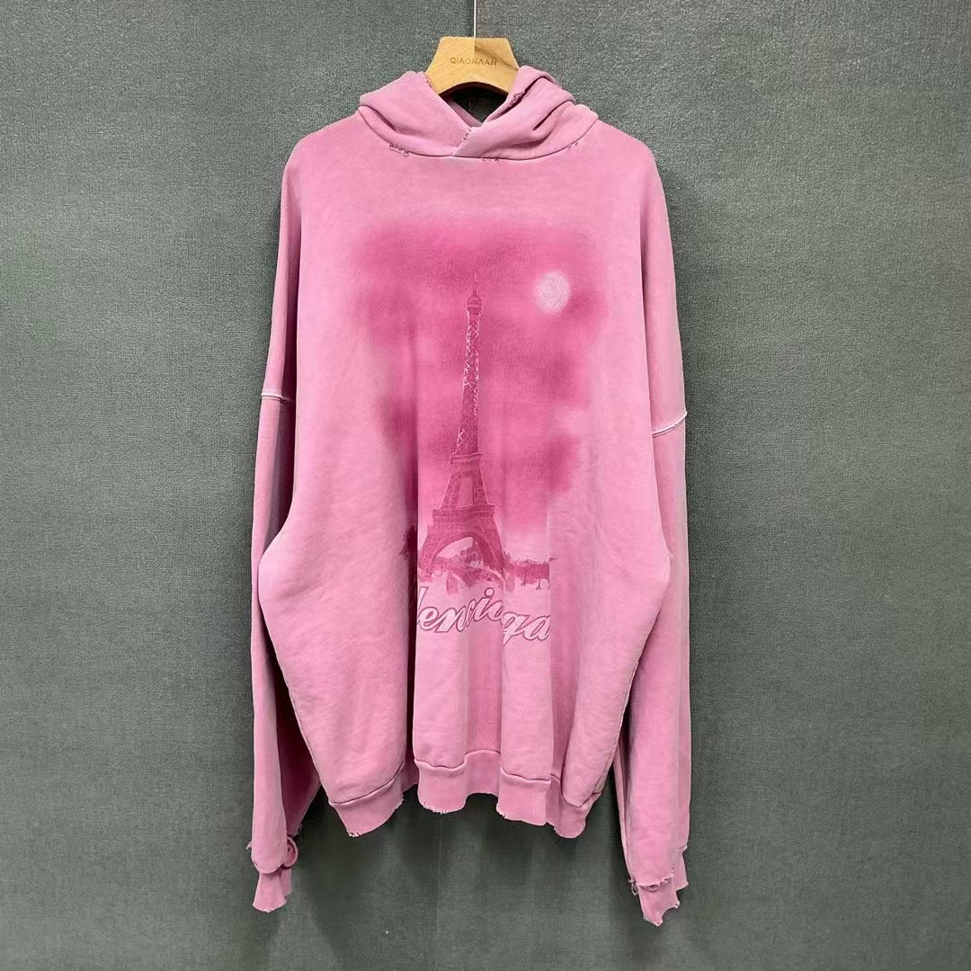 99新 Balenciaga/巴黎世家 b铁塔印花水洗破坏帽衫卫衣4码